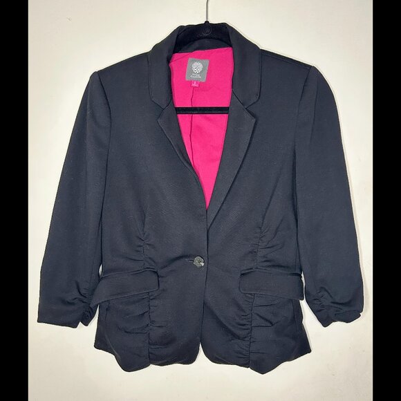 VINCE CAMUTO Ruched Fitted Black Blazer with Hot Pink Lining Size 6 - Picture 1 of 4